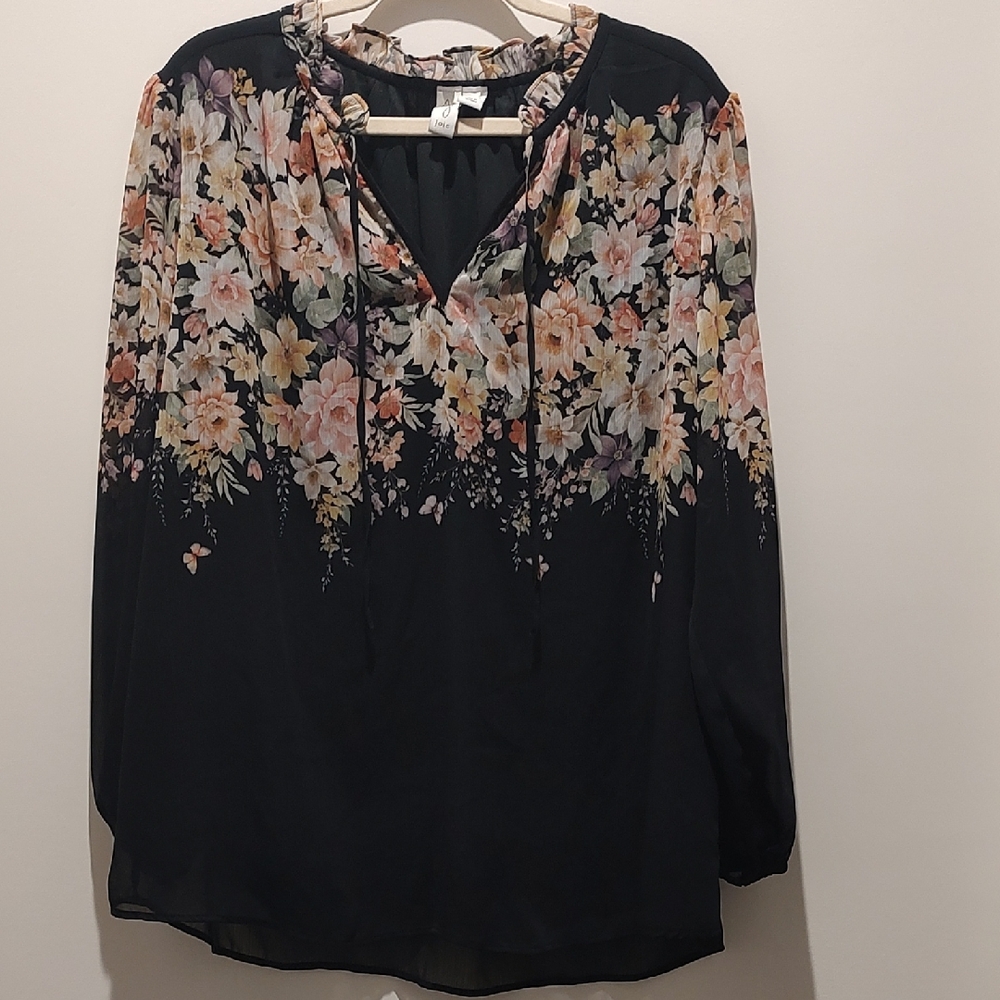 Joie Black Floral Tie-Neck Sheer Flowy Peasant Blouse W/ Lining Festival Boho